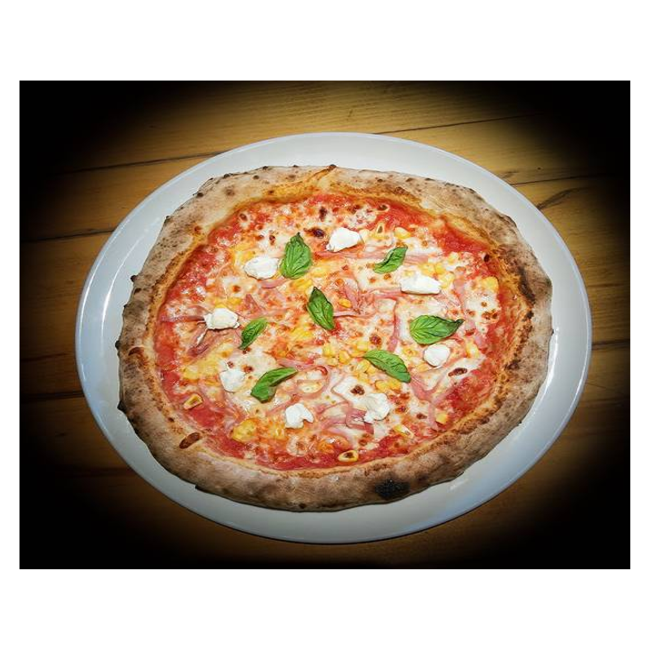 Pizza de elote, queso crema y jamón york